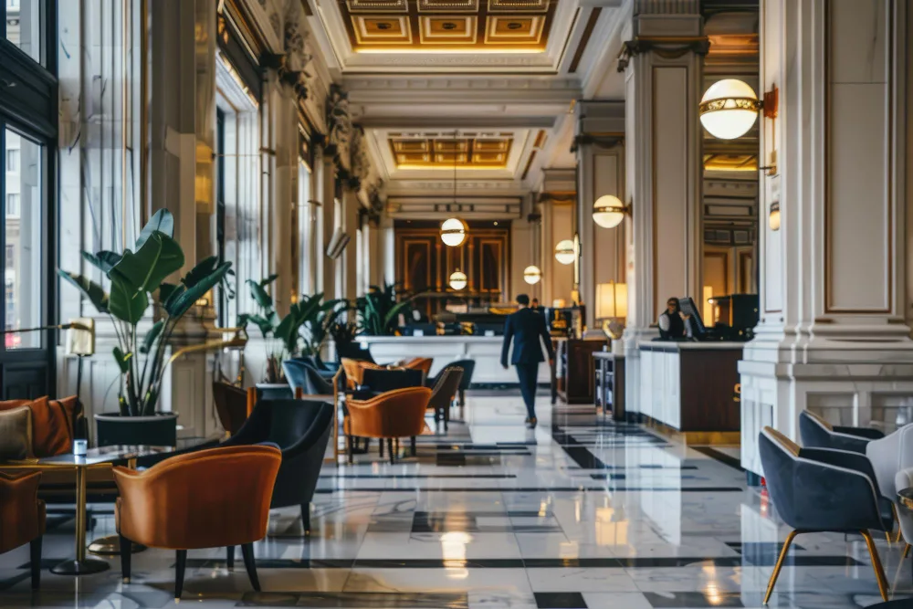 Lobby de hotel cu recepție și spații pentru oaspeți